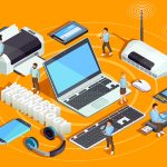Wireless technology electronic devices isometric composition poster with laptop printer smartphone router and users orange background vector illustration